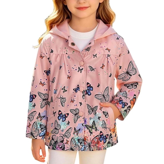 Xdegoge Girls Butterfly Print Windbreaker Hooded Lightweight Jacket Toddler Kids Spring Fall Rain Coat Outerwear with Side Pockets, Size 6-7
