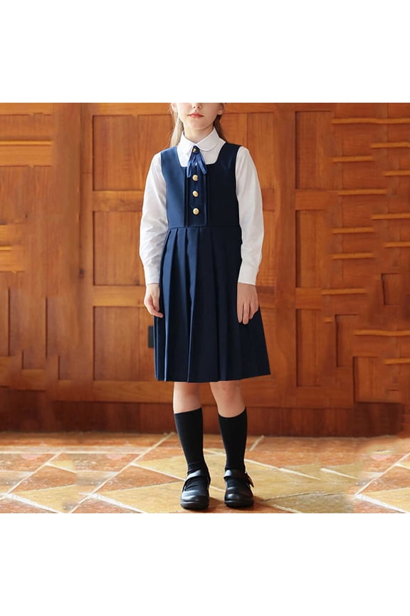 Girls Button Front Pinafore Dress and Long Sleeve Blouse Set Kids V-Neck Pleated Jumper Skirt Formal School Uniform Outfits, 3T-15Y
