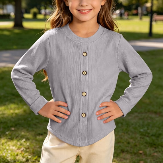 Xdegoge Girls Cardigan Sweater Long Sleeve Button Down Shirt Casual Crewneck Lightweight Fall Outerwear Basic Solid Top for Kids Toddler Spring Everyday Wear