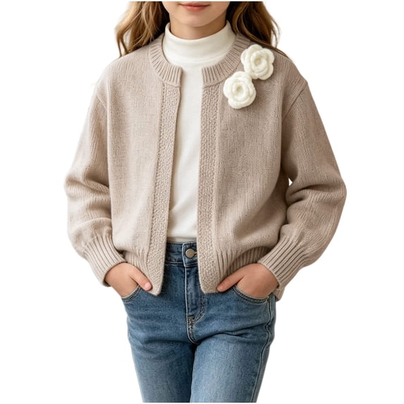 Xdegoge Girls Cardigan Sweaters Crewneck Long Puff Sleeve Open Front Knit Outerwear Cute Fall Winter Chunky Sweater Tops Warm Casual Knitwear for Kids School Wear