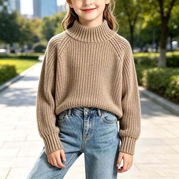 Xdegoge Girls Chunky Knit Turtleneck Sweater Long Balloon Sleeve Pullover Tops Fall Winter Warm Cozy Solid Color Oversized Jumper for Kids Casual Daily Wear