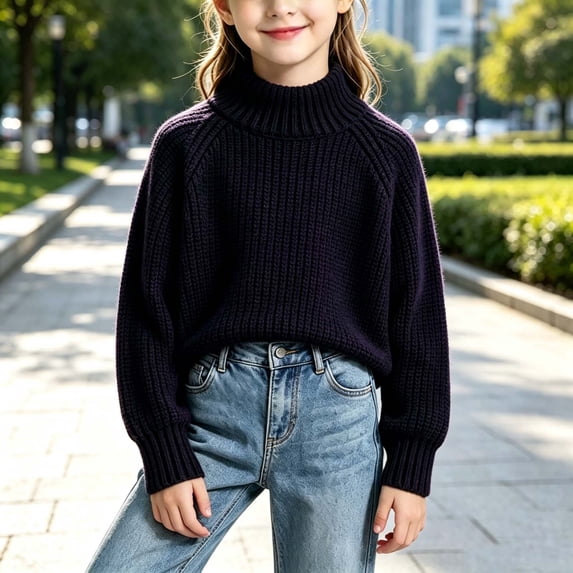 Xdegoge Girls Chunky Knit Turtleneck Sweater Long Balloon Sleeve Pullover Tops Fall Winter Warm Cozy Solid Color Oversized Jumper for Kids Casual Daily Wear