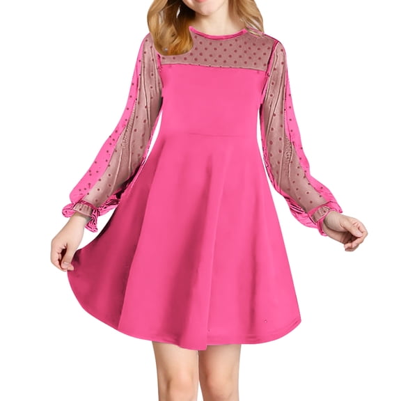 Xdegoge Girls Dresses Big Girls Dresses Size 14-16 Contrast Mesh Puff Long Sleeve Dress Kids High Waist A Line Casual Party Sundress Summer Flowing Tiered Layered Midi Dresses