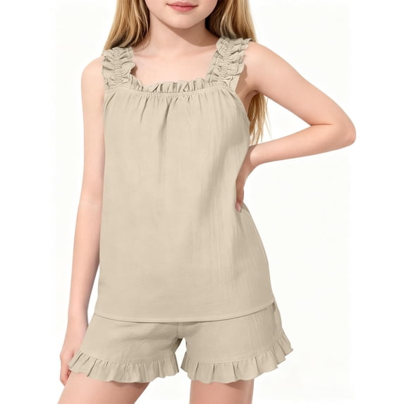 Xdegoge Girls Clothing 2 Piece Sets Sleeveless Crewneck Soft Camisole Top and Shorts Stylish Ruffle Trim Set Casual Cute Sweet Loungewear Size 5-16