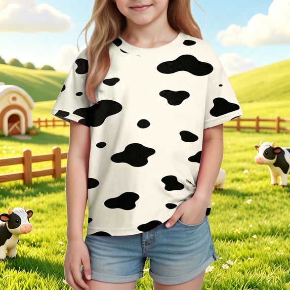 Xdegoge Girls Cow Print T-Shirt Kids Short Sleeve Crewneck Tees Casual Summer Tops Animal Graphic Blouse for Daily Playwear, Size 5-6
