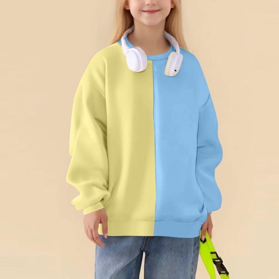 Xdegoge Girls Crewneck Sweatshirt Casual Color Block Tops Long Sleeve Loose Pullover Casual Outdoor Sport Streetwear Back to School Outfits Size 2-14