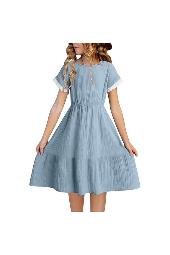 Girls Dress Cotton Linen Sundress Spring Summer Dresses for Kids Solid Color Crewneck Party Dresses Vacation School Dance Dresses for Tweens Blue 14-16 Vestidos Para Niñas