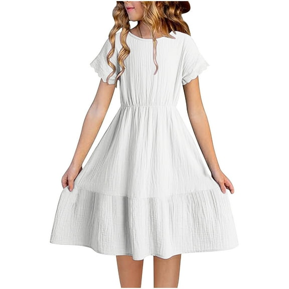 Xdegoge Girls Dress Cotton Linen Sundress Spring Summer Dresses for Kids Solid Color Crewneck Party Dresses Vacation School Dance Dresses for Tweens White 14-16 Vestidos Para Niñas