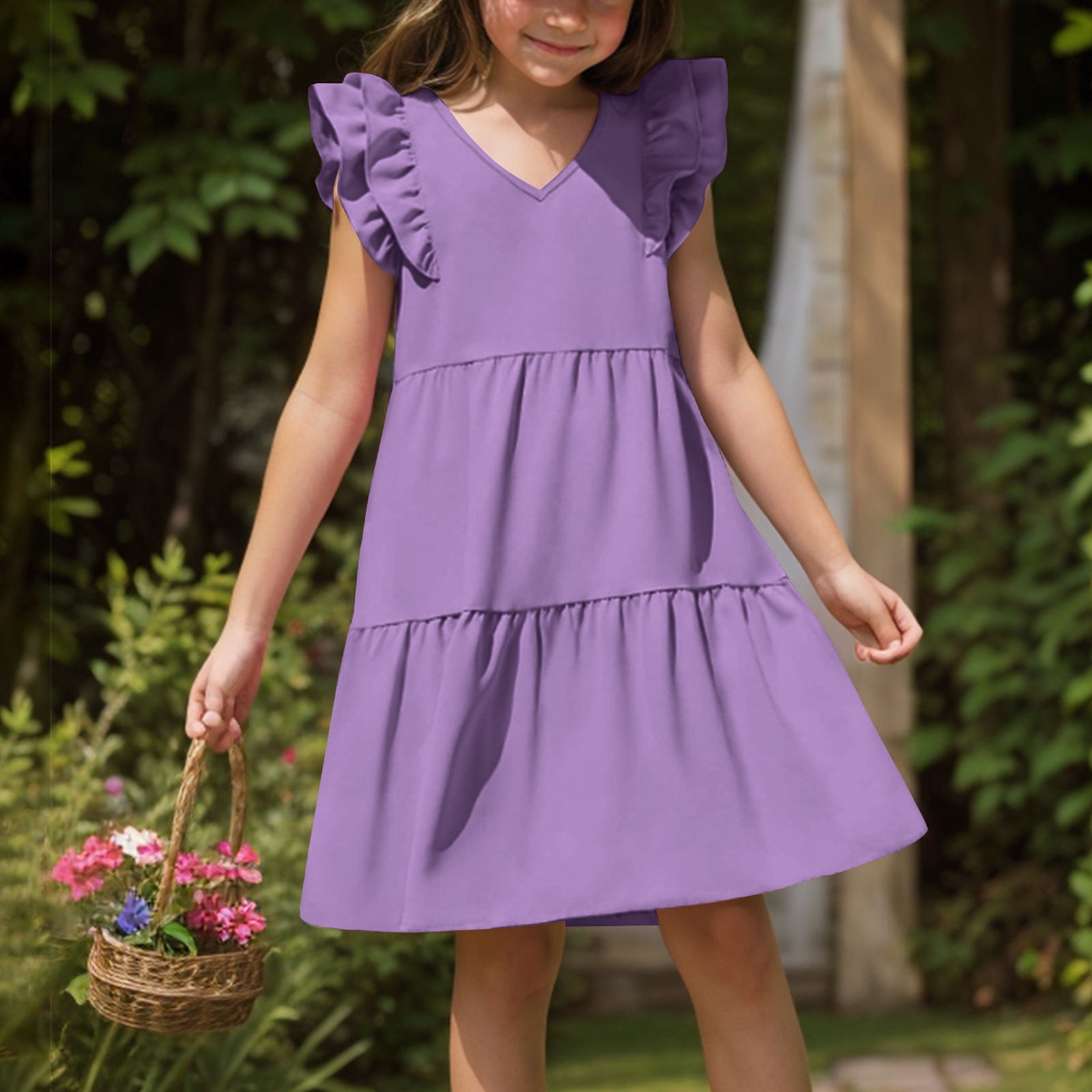 Xdegoge Girls Dresses Ruffle Sleeve A Line Casual Elegant Dresses ...