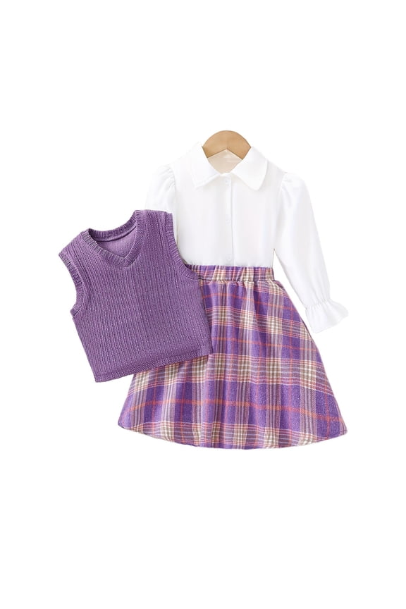 Girls Dresses School Uniform 2 Piece Outfits Shirt Dress and Waistcoat - Fashion Cute Flare Long Sleeve Button Down Collared Shirts V Neck Knit Vest Plaid Mini Shirt Dresses Toddler Dress