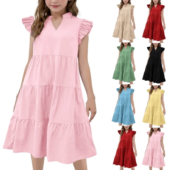 Xdegoge Girls Dresses Size 8-9 Girl Clothes Summer Ruffle Sleeve Mesh Girl Dresses Size 8 Aline Flowy Tiered Beach Maxi Sundress with Pockets Or