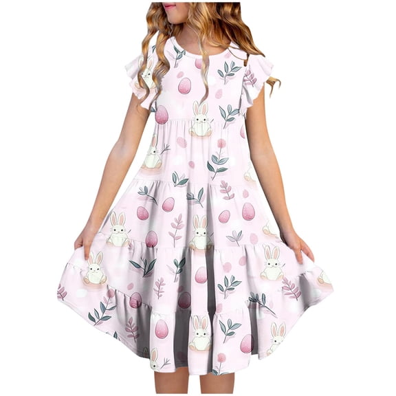 Xdegoge Girls Easter Dress Bunny Print Tiered Ruffle Sleeve Party Wear Casual Spring Summer Outfit with Cute Flowy Toddler Dresses