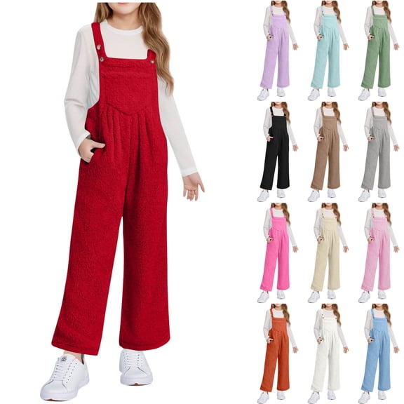 Xdegoge Girls Fleece Overalls Jumpsuit Soft Warm Sherpa Wide Leg Romper with Adjustable Straps Cute and Cozy Winter Jumpers