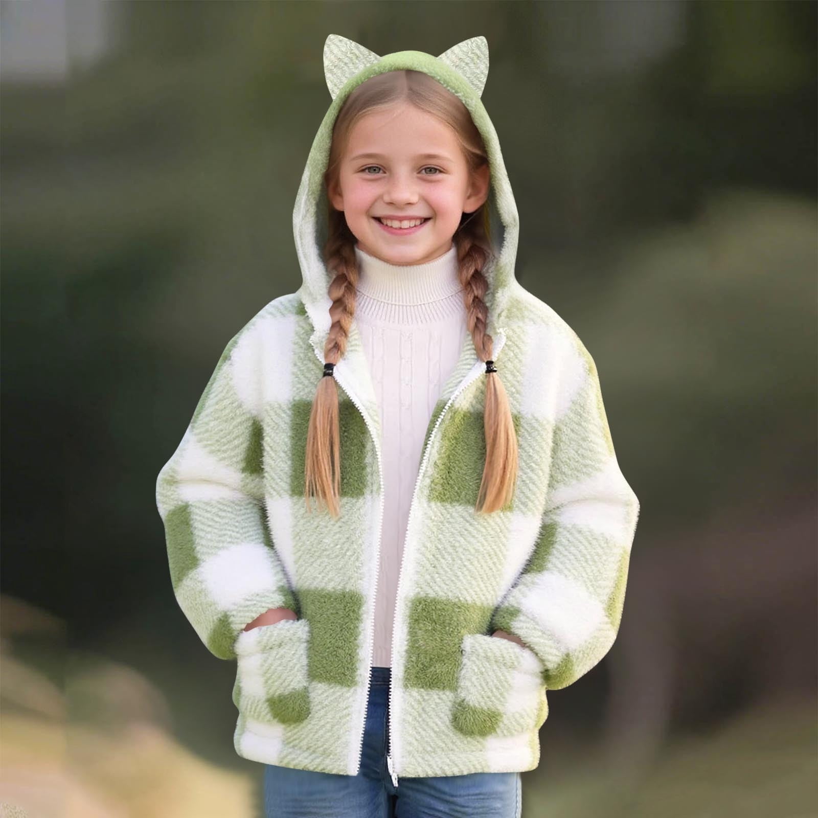 Xdegoge Girls Fleece Sherpa Jacket Plaid Fuzzy Zip Up Long Sleeve Hoodie Teen Thermal Loose Cozy Hooded Coats Tween 2025 Winter Thick Warm Outerwear With Pockets Age 8-14 Years