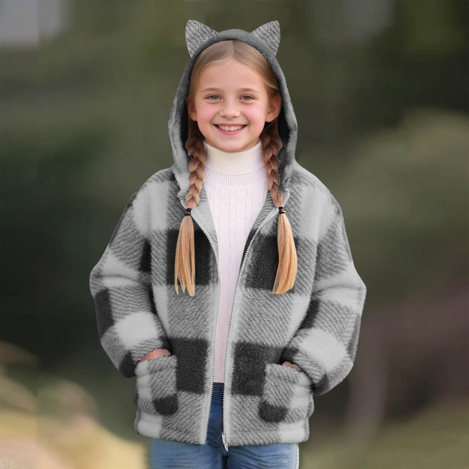 Xdegoge Girls Fleece Sherpa Jacket Plaid Fuzzy Zip Up Long Sleeve Hoodie Teen Thermal Loose Cozy Hooded Coats Tween 2025 Winter Thick Warm Outerwear With Pockets Age 8-14 Years