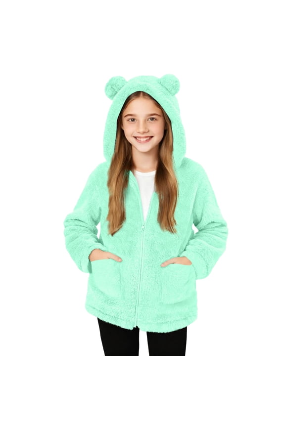 Girls Fuzzy Bear Ear Hoodie, Tween Fleece Zip Up Jacket Kids Cute Funny Teens Sweatshirts with Pockets
