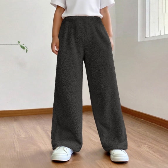 Xdegoge Girls' Fuzzy Fleece Lounge Pants Wide Leg Loose Fit Casual Sweatpants with Elastic Waist Super Soft Warm Sleep Pajama Bottoms for Kids Winter Wear