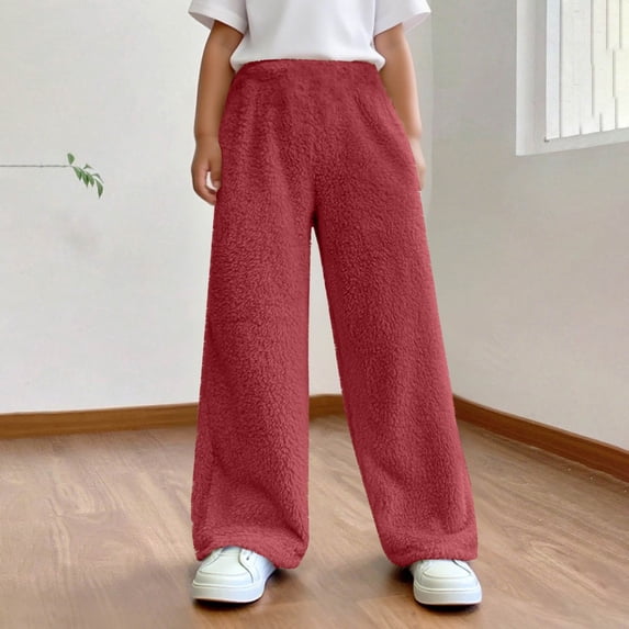 Xdegoge Girls' Fuzzy Fleece Lounge Pants Wide Leg Loose Fit Casual Sweatpants with Elastic Waist Super Soft Warm Sleep Pajama Bottoms for Kids Winter Wear