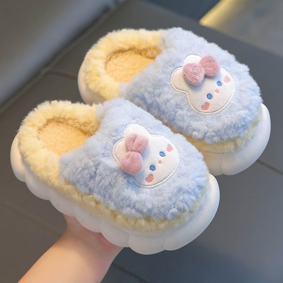 Xdegoge Girls Fuzzy Slipper Cute Bunny Bow Plush House Shoes Warm Faux Fur Winter Indoor Slippers Thick Memory Foam Sole Anti-Slip Slip-on Home Bedroom Lounge Footwear Holiday Gift Idea