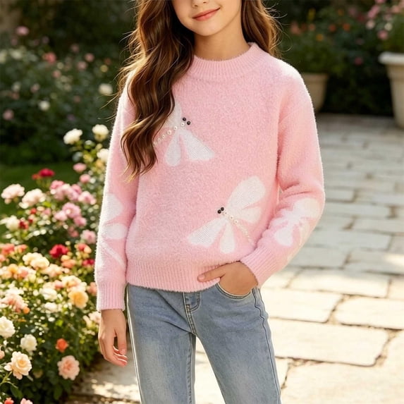 Xdegoge Girls Fuzzy Sweater Long Sleeve Crewneck Knit Pullover Tops with Dragonfly Pattern Cute Casual Fall Winter Warm Knitwear