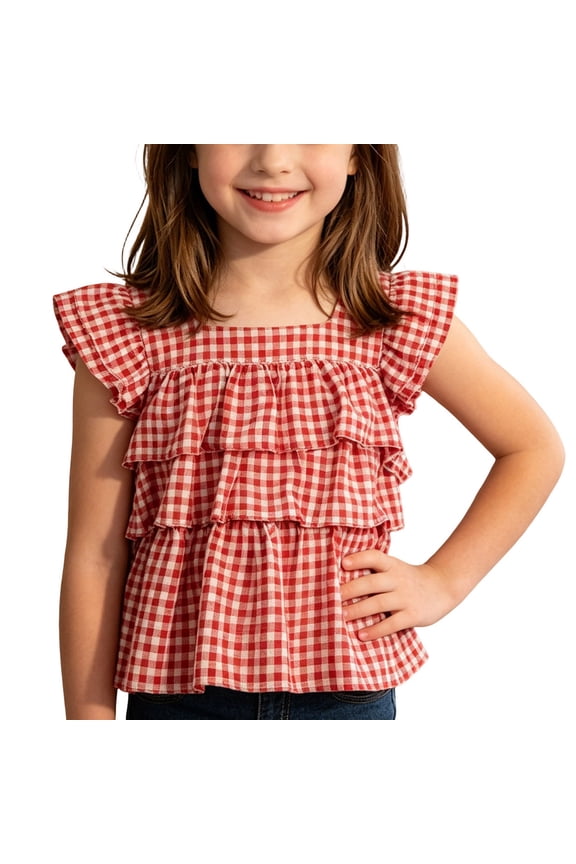 Girls Gingham Plaid Tiered Ruffle Shirts Square Neck Flutter Sleeve Tops Sleeveless Babydoll Peplum Tees Summer Casual Vacation Flowy Boho Festival Blouses