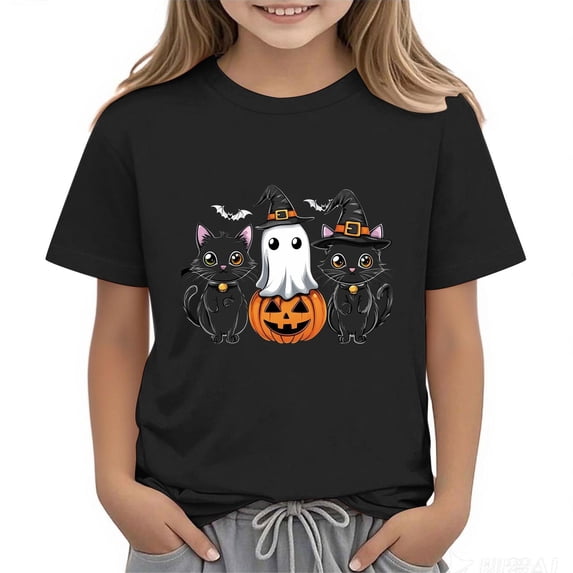 Xdegoge Girls Halloween Witch Cat Shirts Short Sleeve Cute Ghost Kitty and Pumpkin Graphic Tees Fall Casual Tops Kids Holiday Party Novelty T-Shirts Youth Apparel