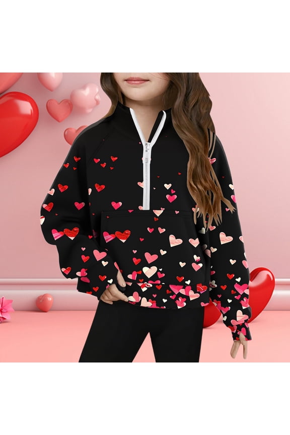 Girls Heart Print Half Zip Sweatshirts - Cute Valentine's Day Outfit for Kids Toddler Long Sleeve Pullover Sweatshirts Holiday Party Clothes