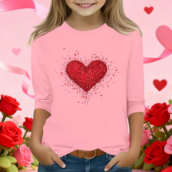 Xdegoge Girls Heart Print Long Sleeve T-Shirt Cute Fashion Tee for Toddlers and Kids Crewneck Graphic Tees Summer Casual Tshirts