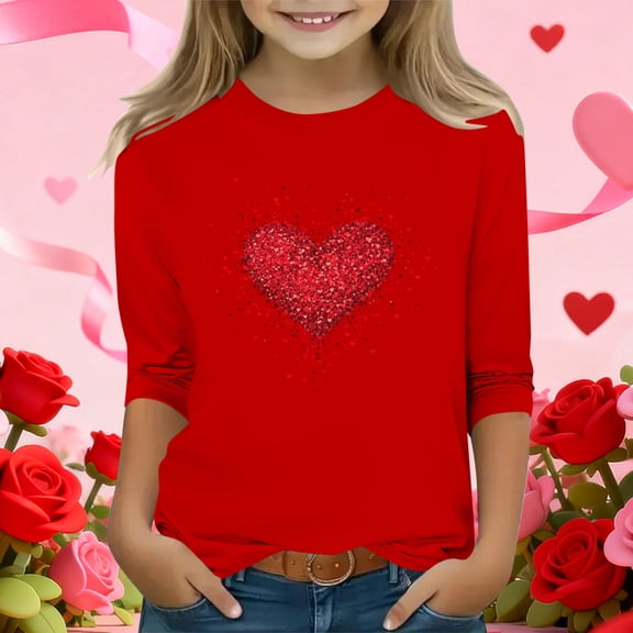 Xdegoge Girls Heart Print Long Sleeve T-Shirt Cute Fashion Tee for Toddlers and Kids Crewneck Graphic Tees Summer Casual Tshirts