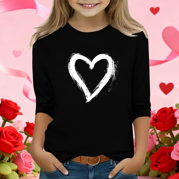 Xdegoge Girls Heart Print Long Sleeve T-Shirt Cute Fashion Tee for Toddlers and Kids Crewneck Graphic Tees Summer Casual Tshirts