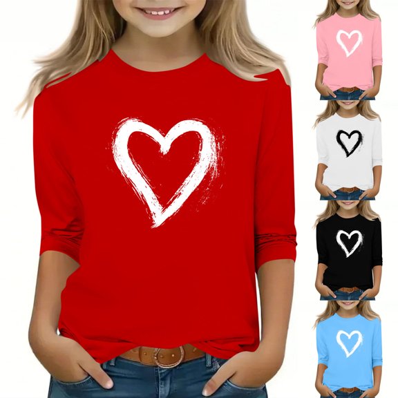 Xdegoge Girls Heart Print Long Sleeve T-Shirt Cute Fashion Tee for Toddlers and Kids Crewneck Graphic Tees Summer Casual Tshirts