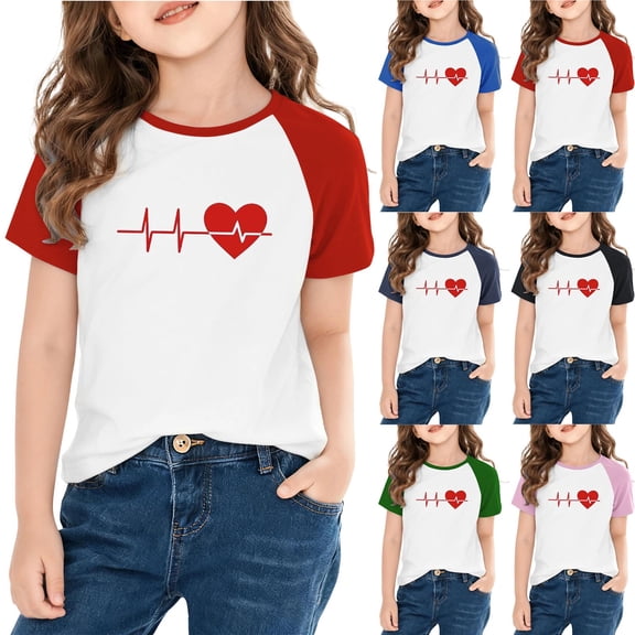 Xdegoge Girls Heartbeat T-Shirt Raglan Short Sleeve Summer Graphic Tees Casual Toddler Loose Fit Tops Fashion Crew Neck Shirts