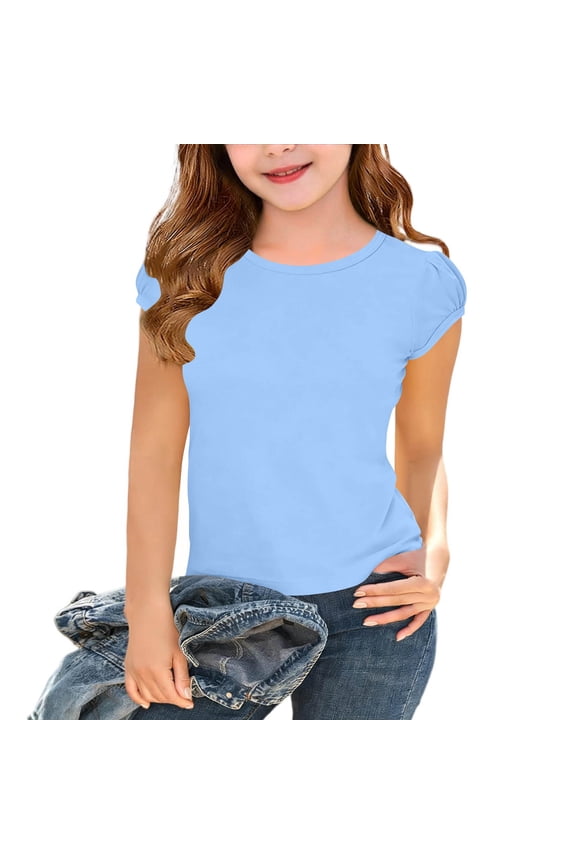 Girls Kids Black Puff Sleeve Tee Rounded Neck Fitted Cut Stylish Basic Top for Everyday Wear and Casual Outings 5-15Y