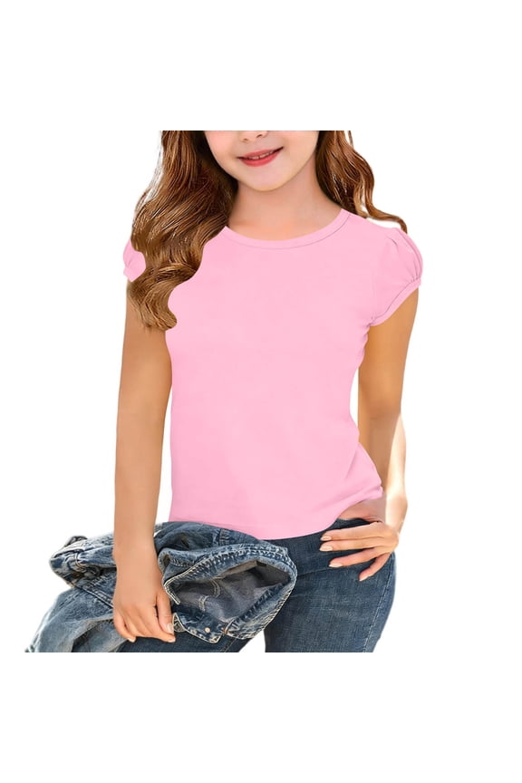 Girls Kids Black Puff Sleeve Tee Rounded Neck Fitted Cut Stylish Basic Top for Everyday Wear and Casual Outings 5-15Y