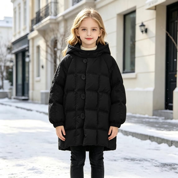 Xdegoge Girls Long Puffer Coat Hooded Quilted Thick Winter Warm Jacket with Buttons and Pockets for Kids Outdoor Snow Heavyweight Outerwear