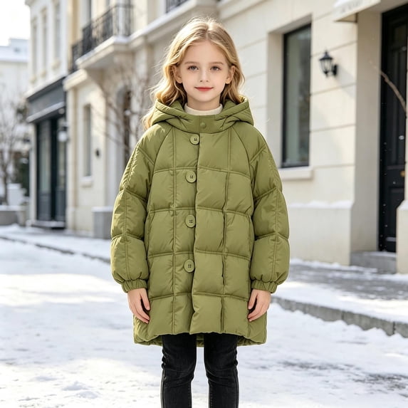 Xdegoge Girls Long Puffer Coat Hooded Quilted Thick Winter Warm Jacket with Buttons and Pockets for Kids Outdoor Snow Heavyweight Outerwear