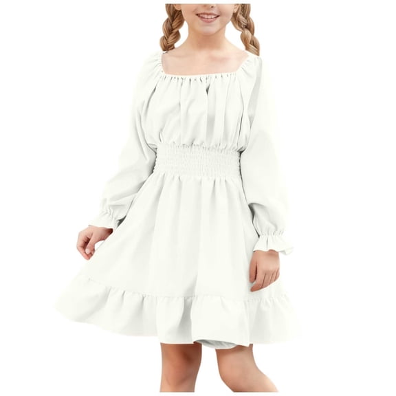 Xdegoge Girls Long Sleeve Ruffle Dress with Elastic Waist and Square Neck, Cute Everyday School Wear for Toddlers and Kids