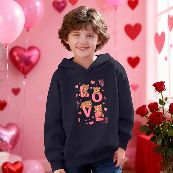 Xdegoge Girls Love Bears Printed Hoodie Cute Valentine’S Sweatshirt for Kids, Funny & Festive Pullover Long Sleeve Sweatshirts with Hood