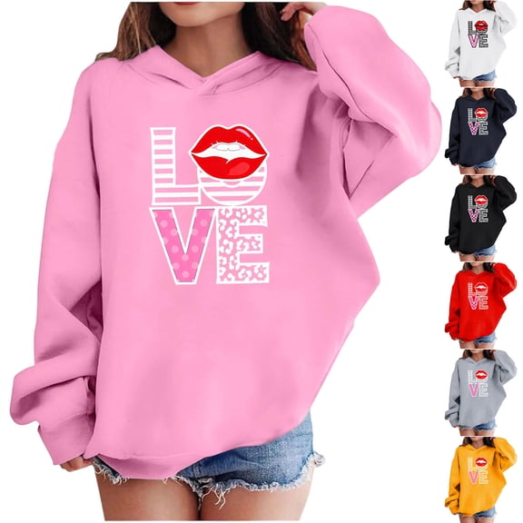Xdegoge Girls Love Lip Print Hoodie Valentine's Day Graphic Sweatshirt for Kids, Unisex Long Sleeve Pullover with Heart Design
