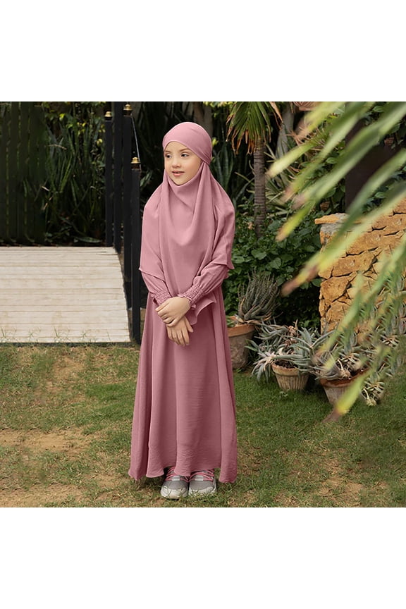 Girls Muslim Hijab Dress Long Sleeve Full Length Abaya Robe with Matching Headscarf Set Kids Modest Prayer Clothes Islamic Worship Wear, 3T-12Y