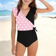 thumbnail image 1 of Xdegoge Girls One Piece Swimsuits V Neck Ruffle Sleeve Full Coverage Bathing Suits Stretchy Fabric Polka Dot Pattern Side Knot Flattering Modest Summer Beachwear, 1 of 8