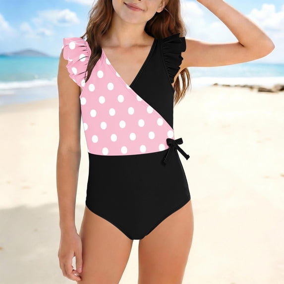 Xdegoge Girls One Piece Swimsuits V Neck Ruffle Sleeve Full Coverage Bathing Suits Stretchy Fabric Polka Dot Pattern Side Knot Flattering Modest Summer Beachwear