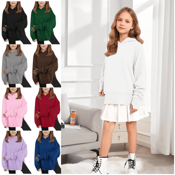 Xdegoge Girls Oversized Hoodie Long Sleeve Hooded Sweatshirt Kids Drop Shoulder Soild Color Casual Pullover Tops Thumb Hole Teen Side Plit Trendy Outerwear 2025 Winter Preppy Clothes Size 5-14 Years