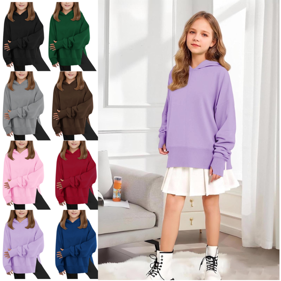 Xdegoge Girls Oversized Hoodie Long Sleeve Hooded Sweatshirt Kids Drop Shoulder Soild Color Casual Pullover Tops Thumb Hole Teen Side Plit Trendy Outerwear 2025 Winter Preppy Clothes Size 5-14 Years