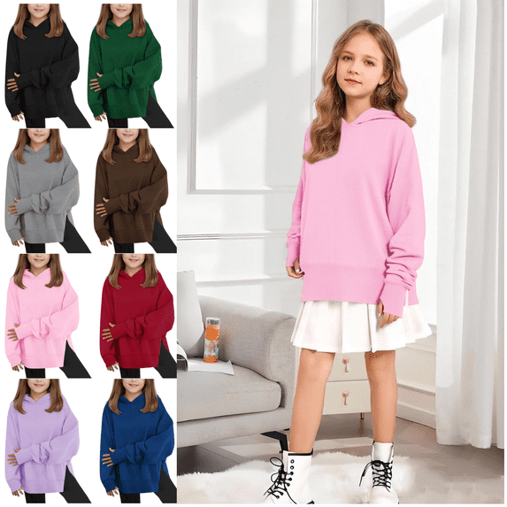 Xdegoge Girls Oversized Hoodie Long Sleeve Hooded Sweatshirt Kids Drop Shoulder Soild Color Casual Pullover Tops Thumb Hole Teen Side Plit Trendy Outerwear 2025 Winter Preppy Clothes Size 5-14 Years