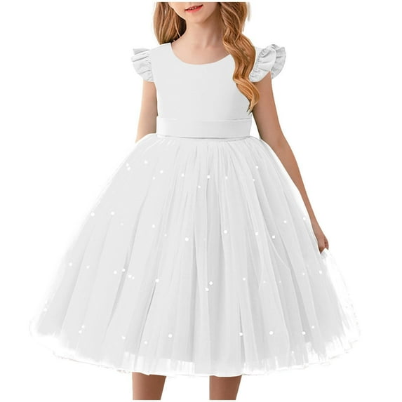 Xdegoge Girls Party Dress Ruffle Sleeve Princess Dress Fluffy Tulle Dress Toddler Tutu Fancy Dress Vacation formal Pageant Birthday Dress White 5T Vestidos De Verano Para Niña