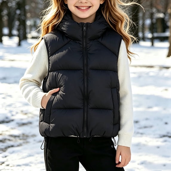 Xdegoge Girls Puffer Vest Zip Up Sleeveless Lightweight Warm Padded Hooded Jacket Fall Winter Drawstring Hem Fashion Outerwear with Pockets