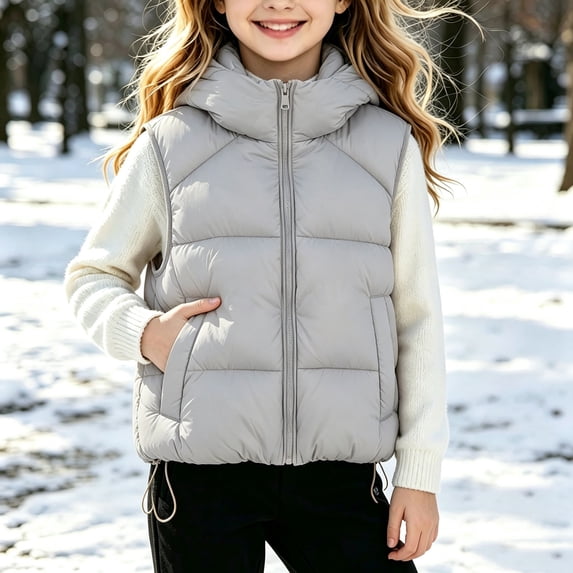 Xdegoge Girls Puffer Vest Zip Up Sleeveless Lightweight Warm Padded Hooded Jacket Fall Winter Drawstring Hem Fashion Outerwear with Pockets