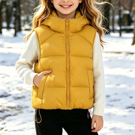 Xdegoge Girls Puffer Vest Zip Up Sleeveless Lightweight Warm Padded Hooded Jacket Fall Winter Drawstring Hem Fashion Outerwear with Pockets