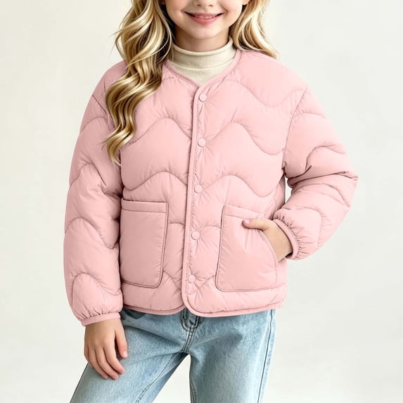 Xdegoge Girls Quilted Puffer Jacket Button Down Long Sleeve Lightweight Coat Winter Warm Padded Outerwear with Pockets Fall Casual Clothes for Kids Toddlers
